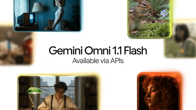 Black text on white background reads: “Gemini Omni 1.1 Flash, Available via APIs.” The text is surrounded by a collage of various images including a person writing with a quill, a woman in a dimly lit room, and a squirrel in nature.