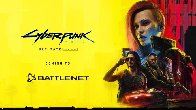 Image announcing Cyberpunk 2077: Ultimate Edition coming to Battle.net, featuring key art from the game. Female V appears prominently in the background, with smaller figures of Johnny Silverhand, Solomon Reed, and Songbird in the foreground. The Cyberpunk 2077: Ultimate Edition logo appears against a bright yellow background, followed by text that reads “Coming to” and the Battle.net logo.