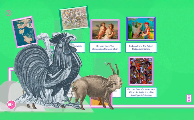 The "Museum Memory" game screen against a bright green background, featuring several framed artworks hung on a display alongside collage-style illustrations of a large rooster and horned animal.