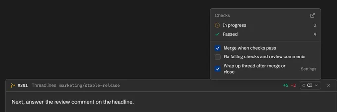 The checks popup above the Threadlines message box, with Merge when checks pass turned on while two checks are still running.