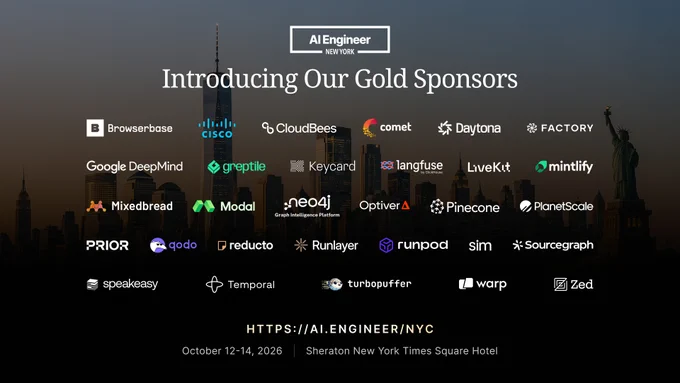 AI Engineer New York Gold Sponsors graphic showing 30 company logos over the Manhattan skyline. October 12–14, 2026 at Sheraton New York Times Square Hotel.